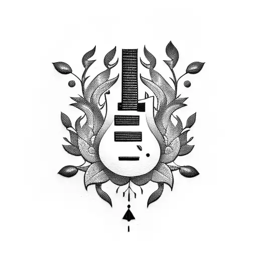 A Tattoo Of A Guitar With Intricate Blackwork Details