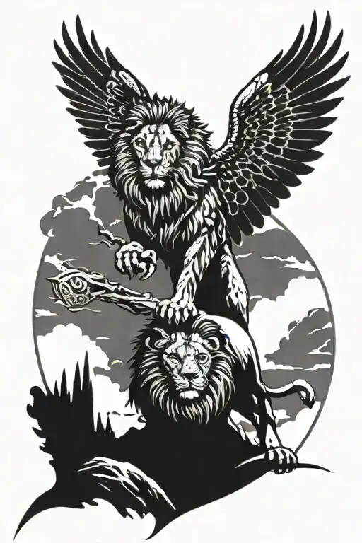 Lion And Falcon On The Horizon In The Background