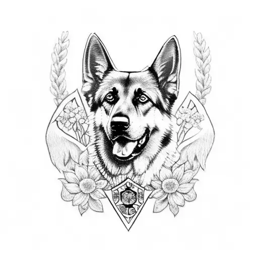 House Crest With German Shepherd In Middle With Veronica Flowers And Ivys Holding A Roman Coin