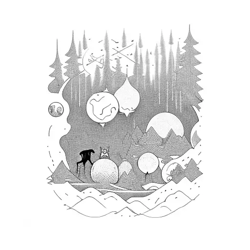 A Pack Of Dogs Exploring A Mystical Forest With Floating Planets