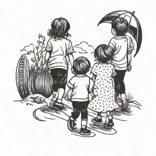 Big Brother Walking With Her Two Little Sisters Holding Hands