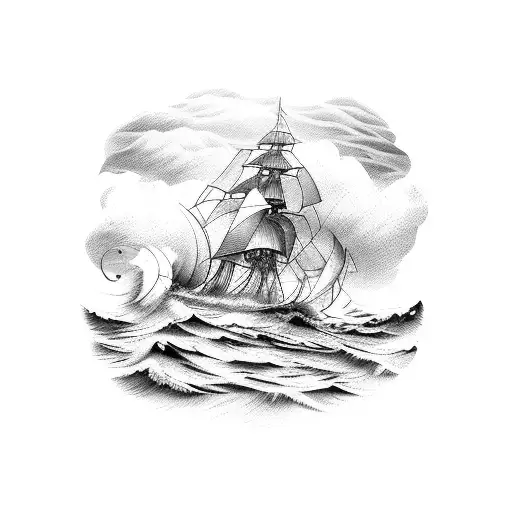 A Ship Sailing Through A Stormy Sea With Mountains In The Background