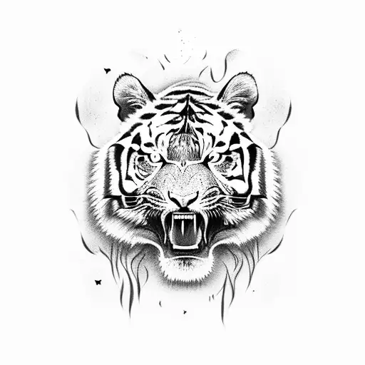 A Fierce Tiger Roaring With The Phrase 'Never Give Up' In Its Mouth