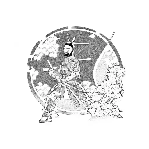 A Powerful Samurai Warrior Standing Beneath A Blooming Cherry Blossom Tree That Runs Down Arm