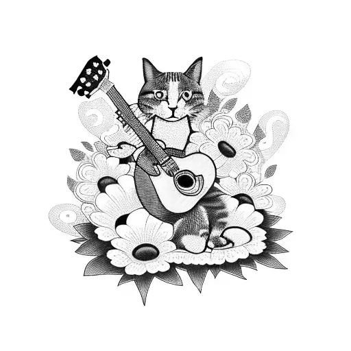 A Reggae-inspired Blackwork Tattoo Of A Cat Playing A Guitar In A Bed Of Flowers