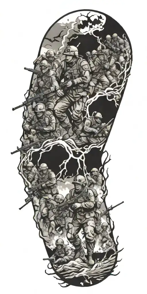 A Haunted Battlefield Scene With Soldiers And Ghosts Intertwined