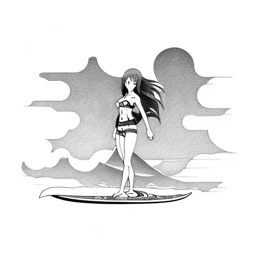 A Surfer Girl In Anime Style With A Sunset Backdrop