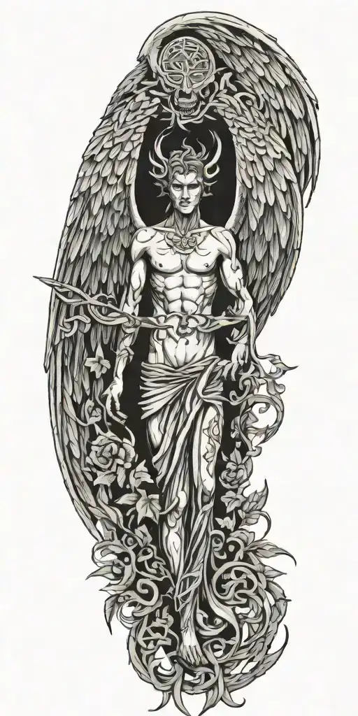 Skinny Lucifer With Wings Surrounded By Celtic Leaves