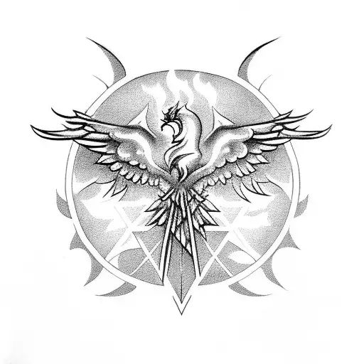 Phoenix With Tail Joining An Upside Down Trident