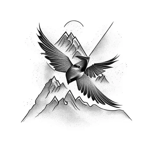 Craft A Blackwork Tattoo Depicting A Majestic Mountain Range With Swallows Soaring Above