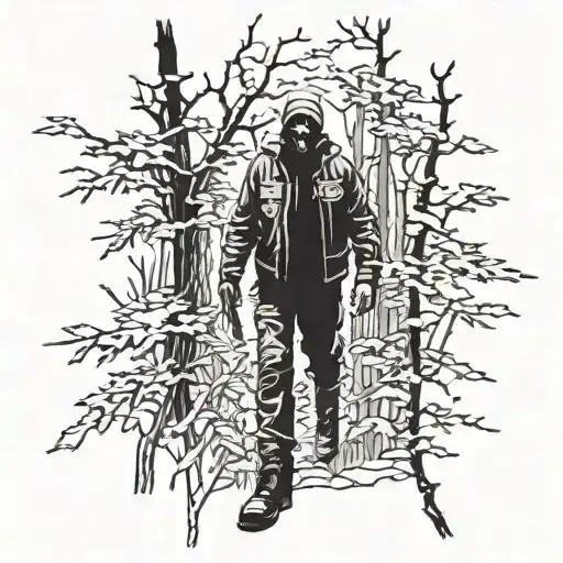 A Detailed Blackwork Design Of Michael Myers Stalking Through A Dark Forest