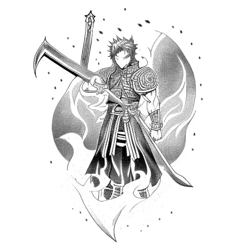 A Blackwork Tattoo Of An Anime-inspired Warrior Holding A Sword Engulfed In Flames