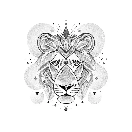 A Majestic Blackwork Tattoo Of A Vegan Lion Surrounded By A Constellation Of Stars