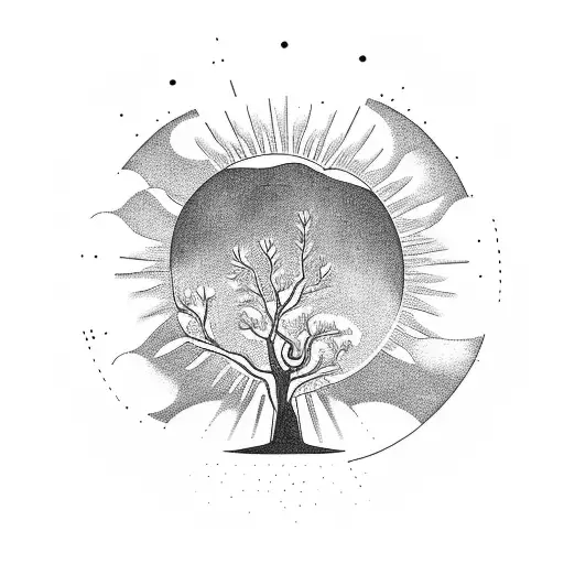 Upper-angle View Of A Tree Of Life On A Hill With The Sun In The Sky And A Shadow Of A Guy And Son