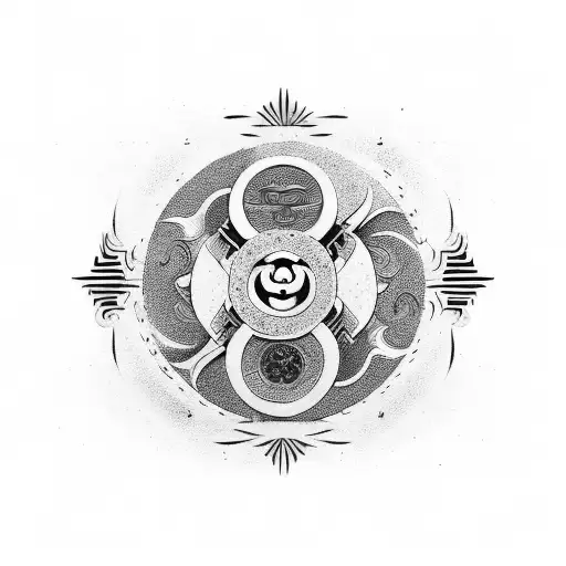 A Yin Yang Symbol With Martial Arts Weapons Incorporated Into The Design