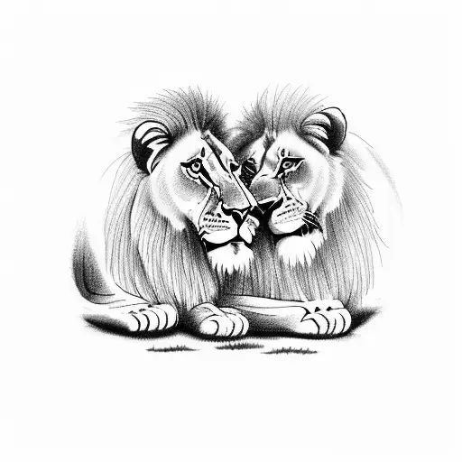 A Lion And Lioness Stand Under A Tree Guarding Their 4 Cubs