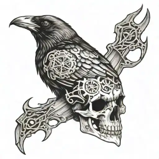 Crow Skull Adorned With Viking Runes And Motorbike Gears