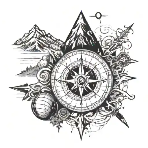 Compass Under The Mountain With Spheres And Arrows