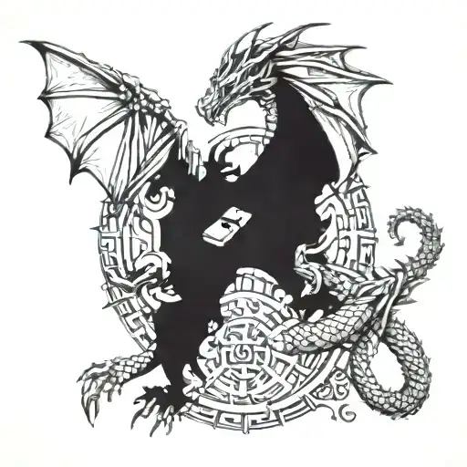 A Tabletop Gaming Themed Tattoo Featuring A Dragon Battling A Knight In Norse Mythology Style