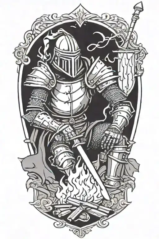 Medieval Knight Sitting By Camp Fire With Sword