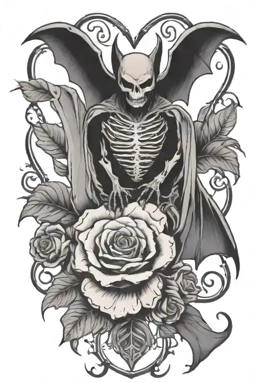 A Bat With His Skeletom And Heart Exposed And A Rose On The Background