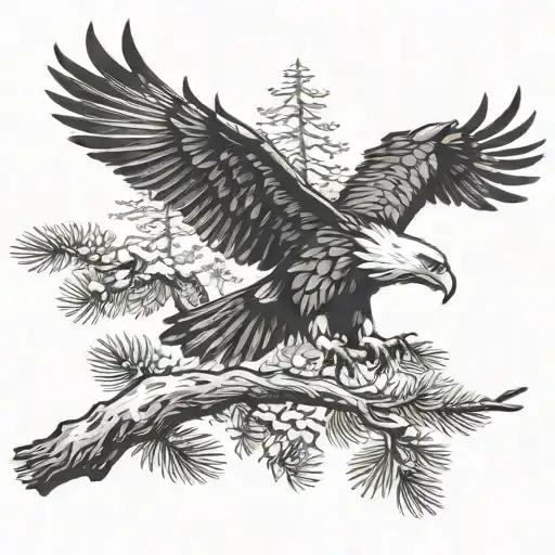 Pinetree With A Small Eagle On A Branch