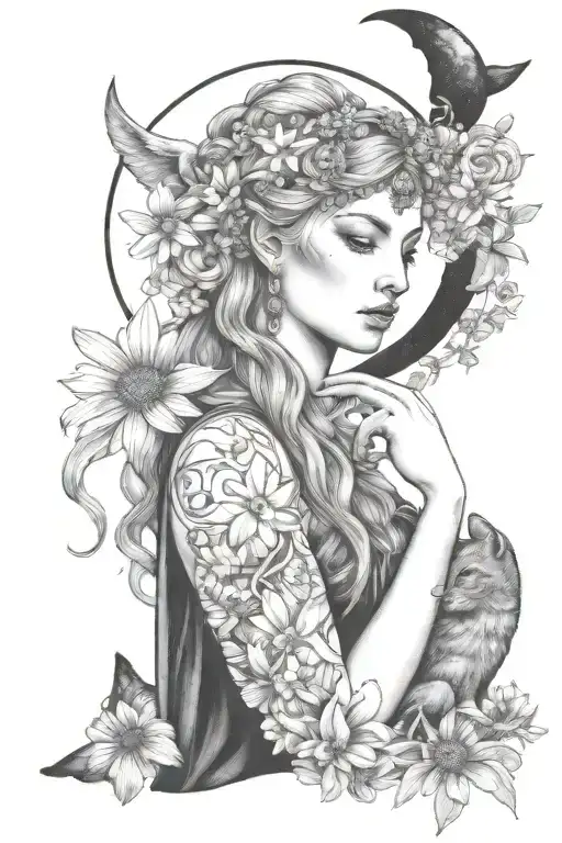 Freya Goddess Bust With Daisies Full Moon And Kitten