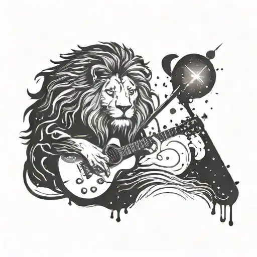 A Lion With A Galaxy Mane Playing A Guitar On A Melting Clock Background