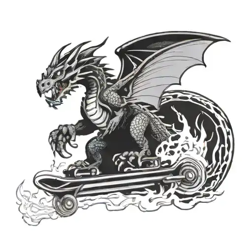 A Skateboarding Dragon Breathing Fire While Doing A Kickflip