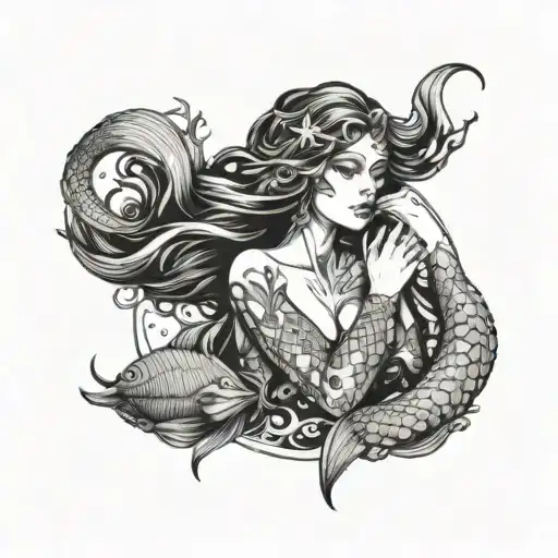 A Mermaid With Open Hairs And Two Shells On The Chest With Open Hands