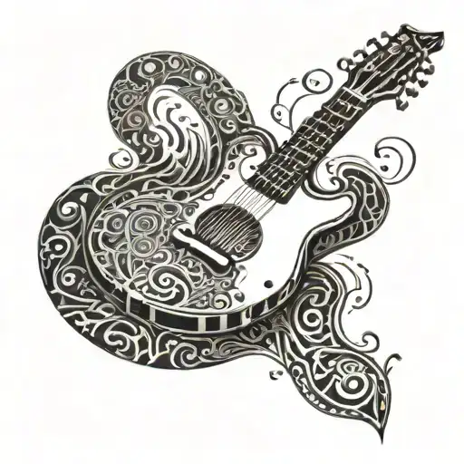 A Guitar With Intricate Patterns And Musical Notes Intertwined In The Design