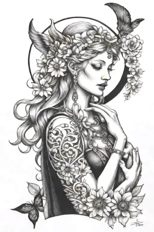 Freya Goddess Bust With Daisies Full Moon And Kitten