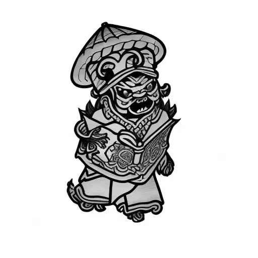 An Asian Demon Wearing A Hat And Holding A Book