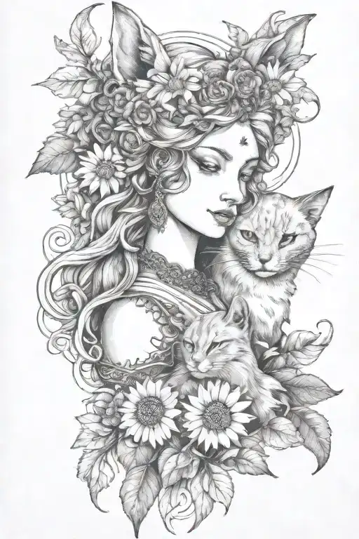Freya Goddess Bust With Small Cat Full Moon Daisies