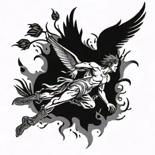 Icarus Falling On Fire With The Feathers Burning Into Rose Petals