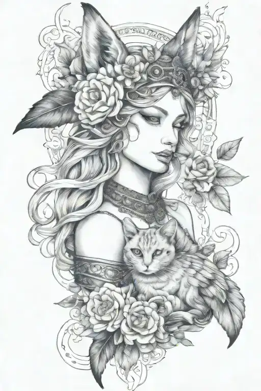 Freya Goddess Bust With Small Cat Full Moon Feathers