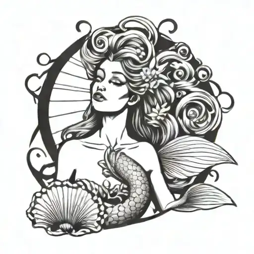 A Mermaid With Open Hairs And Two Shells On The Chest With Open Hands