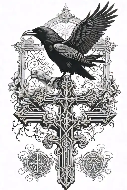 Cross With Raven Perched On The Side Of The Cross