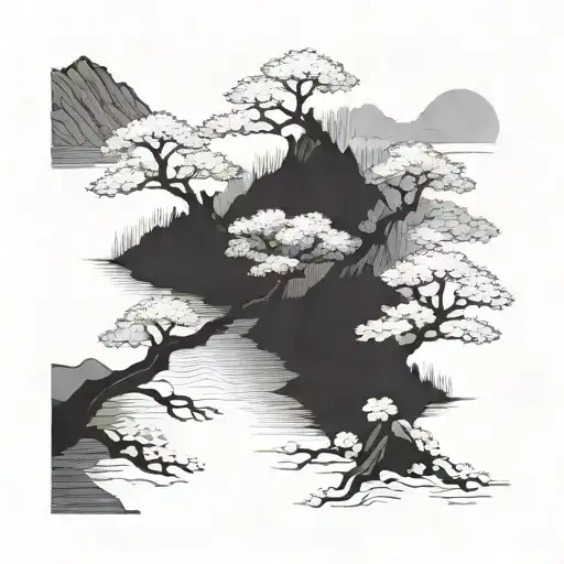 An Abstract Interpretation Of A Korean Landscape With Cherry Blossoms Blooming In Unexpected Places