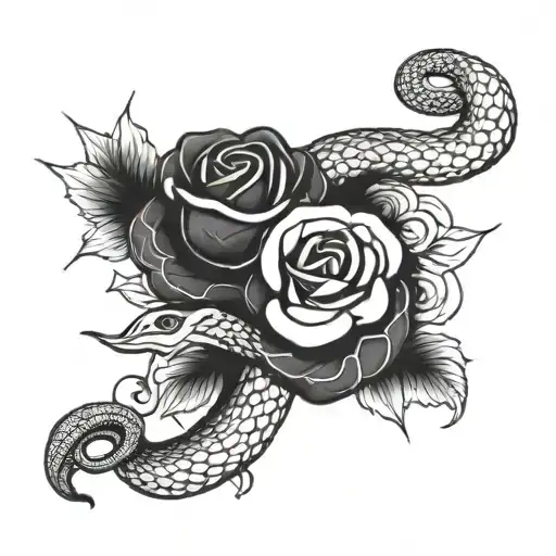 A Snake Coiled Around A Rose With The Head At The Bottom