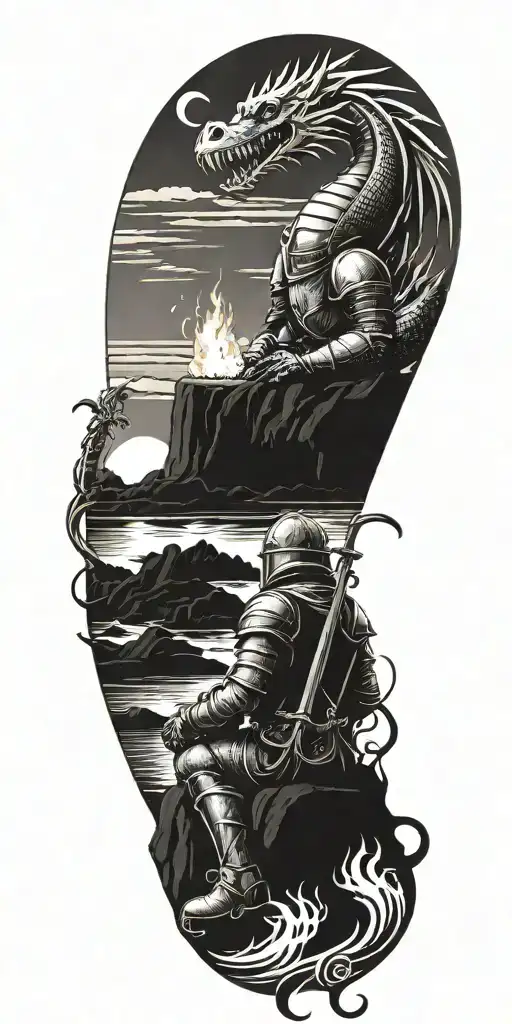 Medieval Knight Sitting By Camp Fire By The Ocean With Dragon And Castle In The Back With Sun In Sky