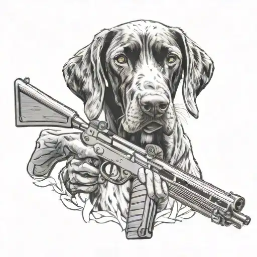 A Blackwork Tattoo Of A German Shorthair Pointer With A Hunting Rifle In Its Mouth
