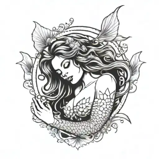 A Mermaid With Open Hairs And Two Shells On The Chest With Open Hands