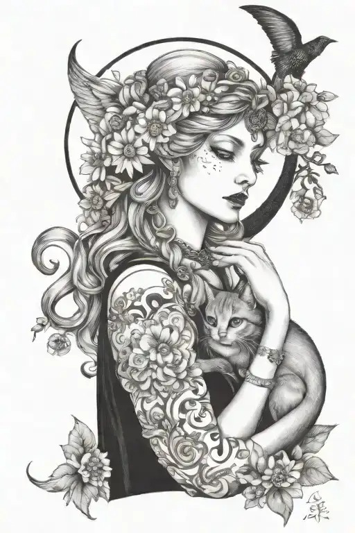 Freya Goddess With Daisies Moon And Cat Curled
