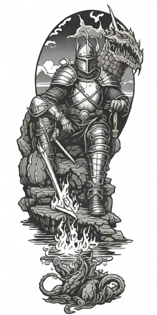 Medieval Knight Sitting By Camp Fire By The Ocean With Dragon And Castle In The Back