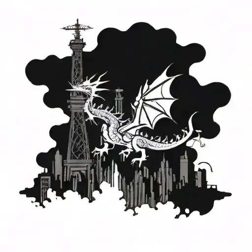 Design A Tattoo Of A Dragon Flying Over A City Skyline With A Tower Crane In The Background