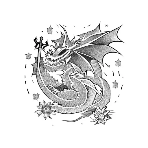 Dragon With A Sword And Flowers With Stars