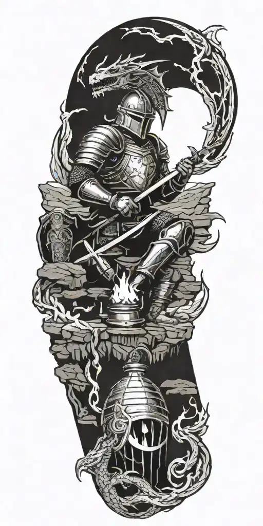 Medieval Knight Sitting By Camp Fire By The Ocean With Dragon And Castle In The Back With Sun In Sky