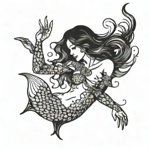A Mermaid With Open Hairs And Two Shells On The Chest With Open Hands