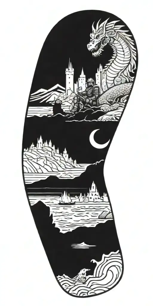 Medieval Knight Sitting By Camp Fire By The Ocean With Dragon And Castle In The Back With Sun In Sky